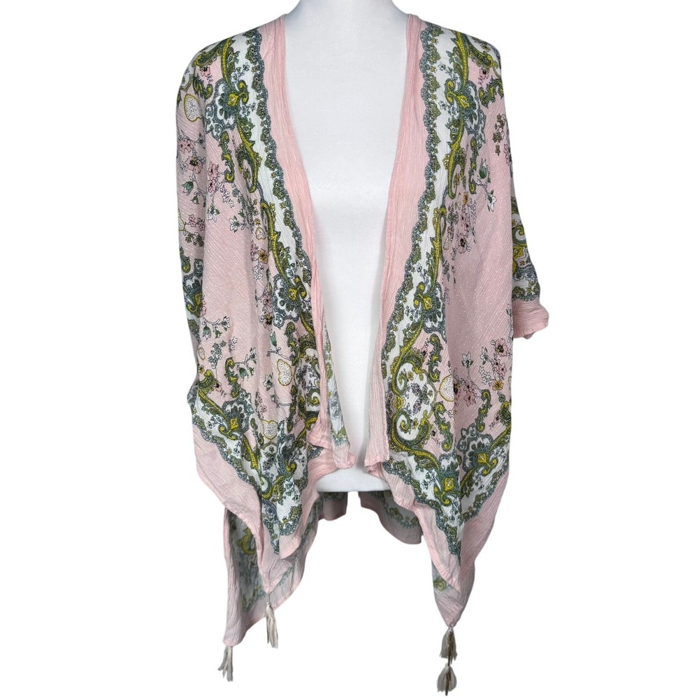 VINCE CAMUTO Women's One Size Pink Paisley Floral Tassel Kimono Wrap Cardigan‎